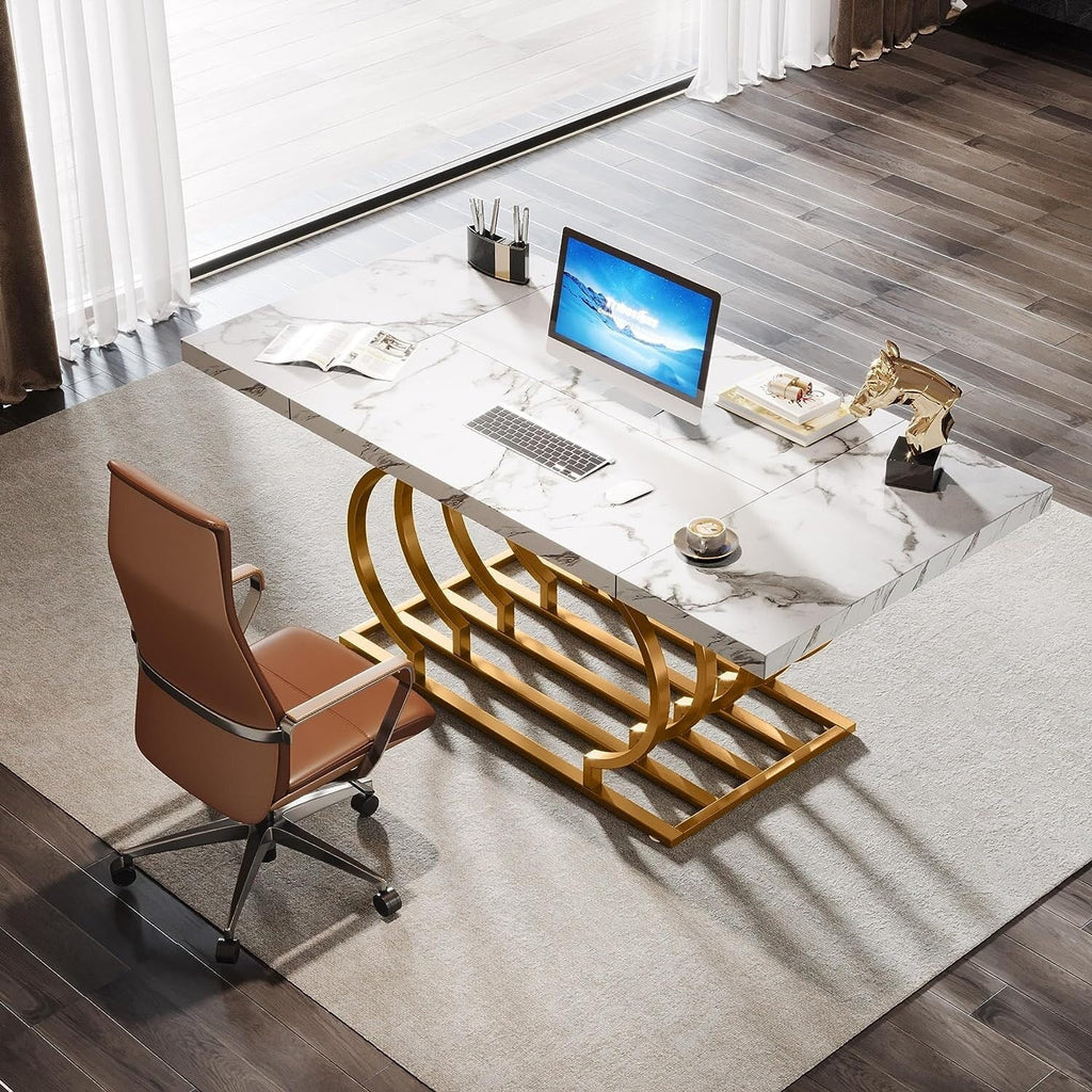 63" White and Gold Office Desk U893