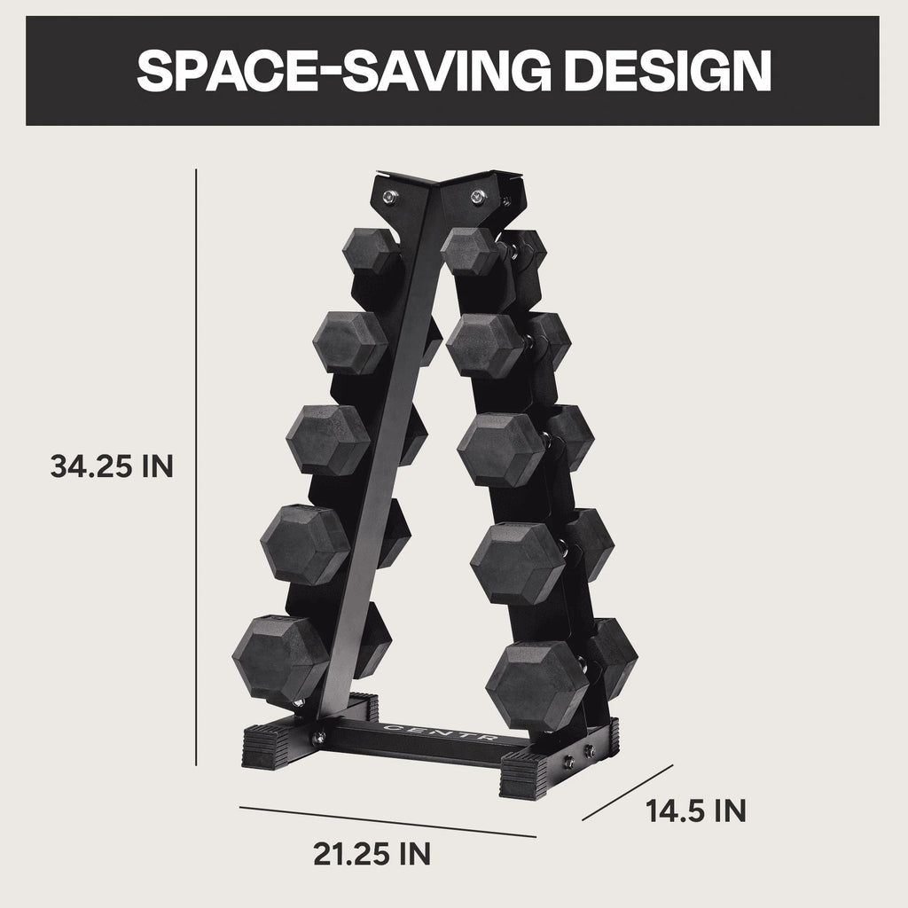 150 lb Rubber Hex Dumbbell Set with Rack T90240