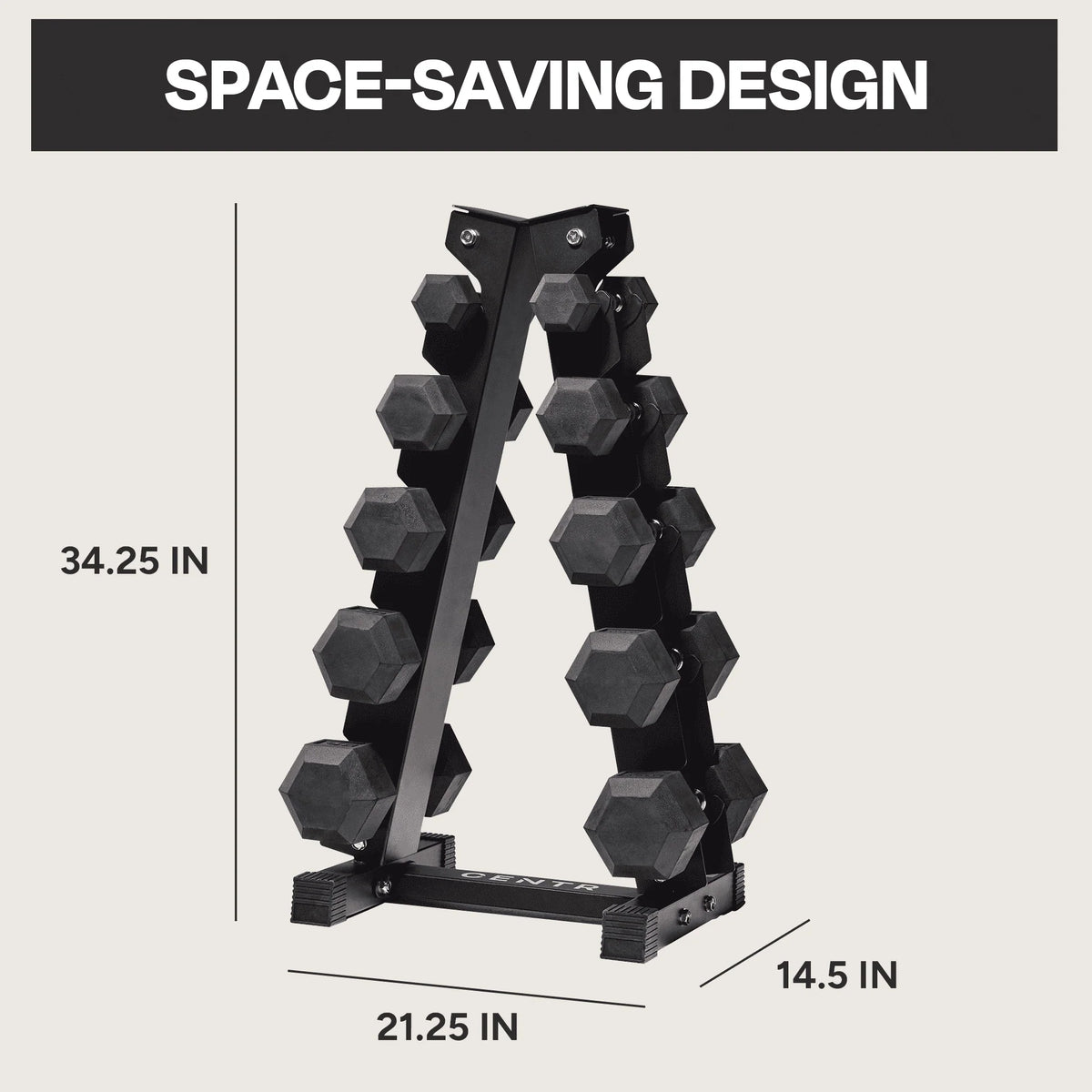 150 lb Rubber Hex Dumbbell Set with Rack T90240
