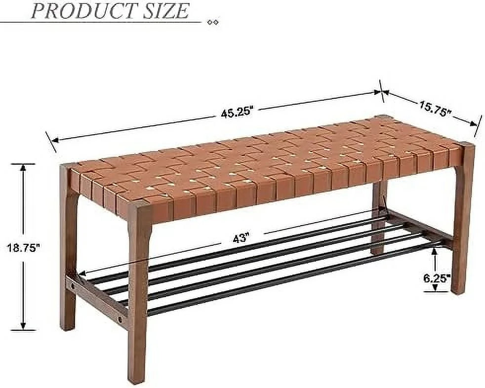 Brown 45 Inch Woven Wood Accent Bench with Metal Shoe Rack A455841