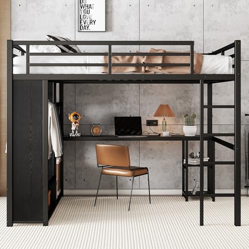 Full Size White Metal Loft Bed with Desk and Wardrobe D592
