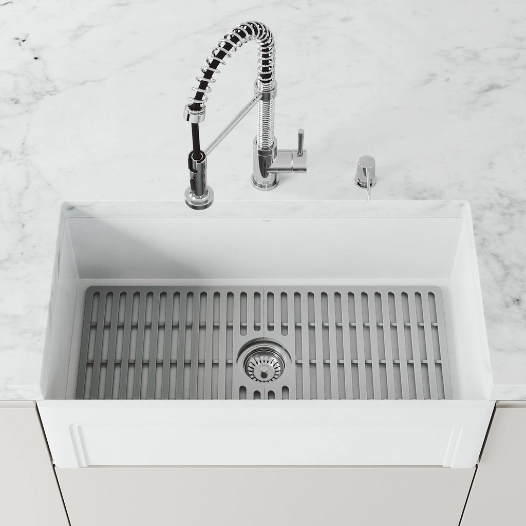 White Matte Stone Farmhouse Kitchen Sink with Grid N828