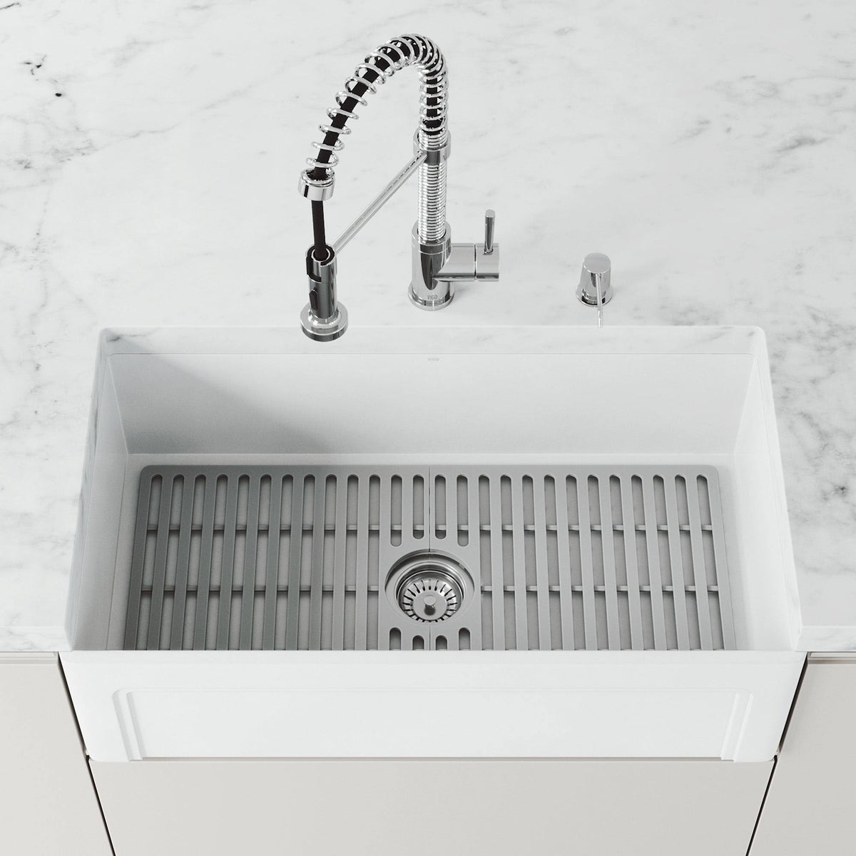 White Matte Stone Farmhouse Kitchen Sink with Grid N828