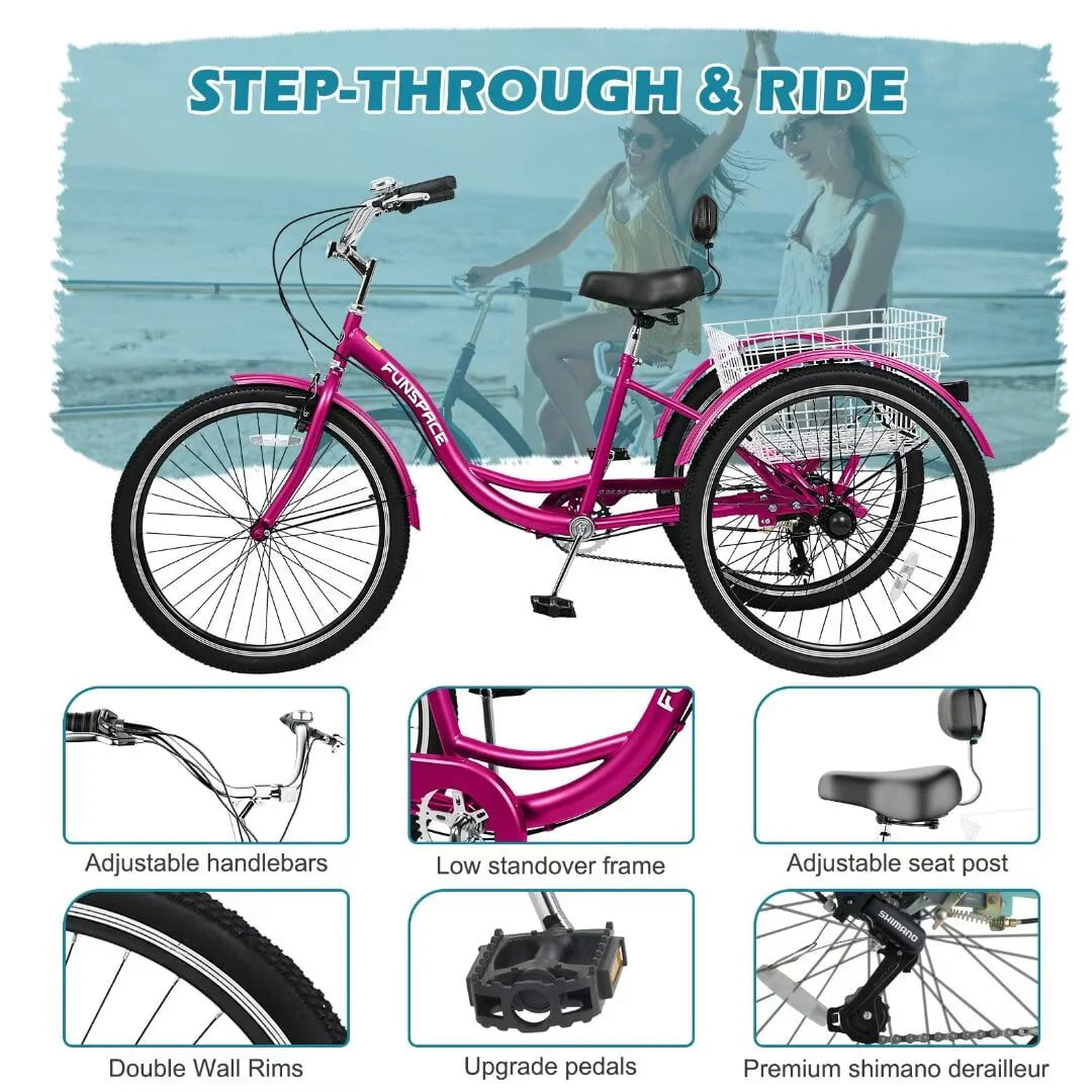 24/26 inch 3 Wheel 7 Speed Tricycle with Shopping Basket H358291