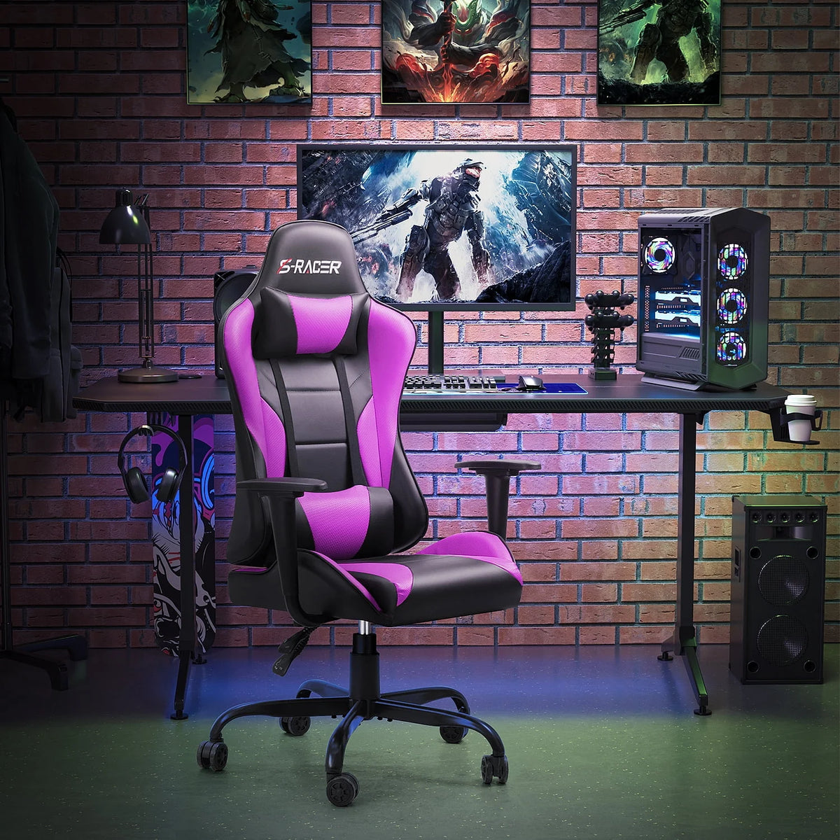 Black PU Leather Ergonomic Gaming Chair with Headrest N6587