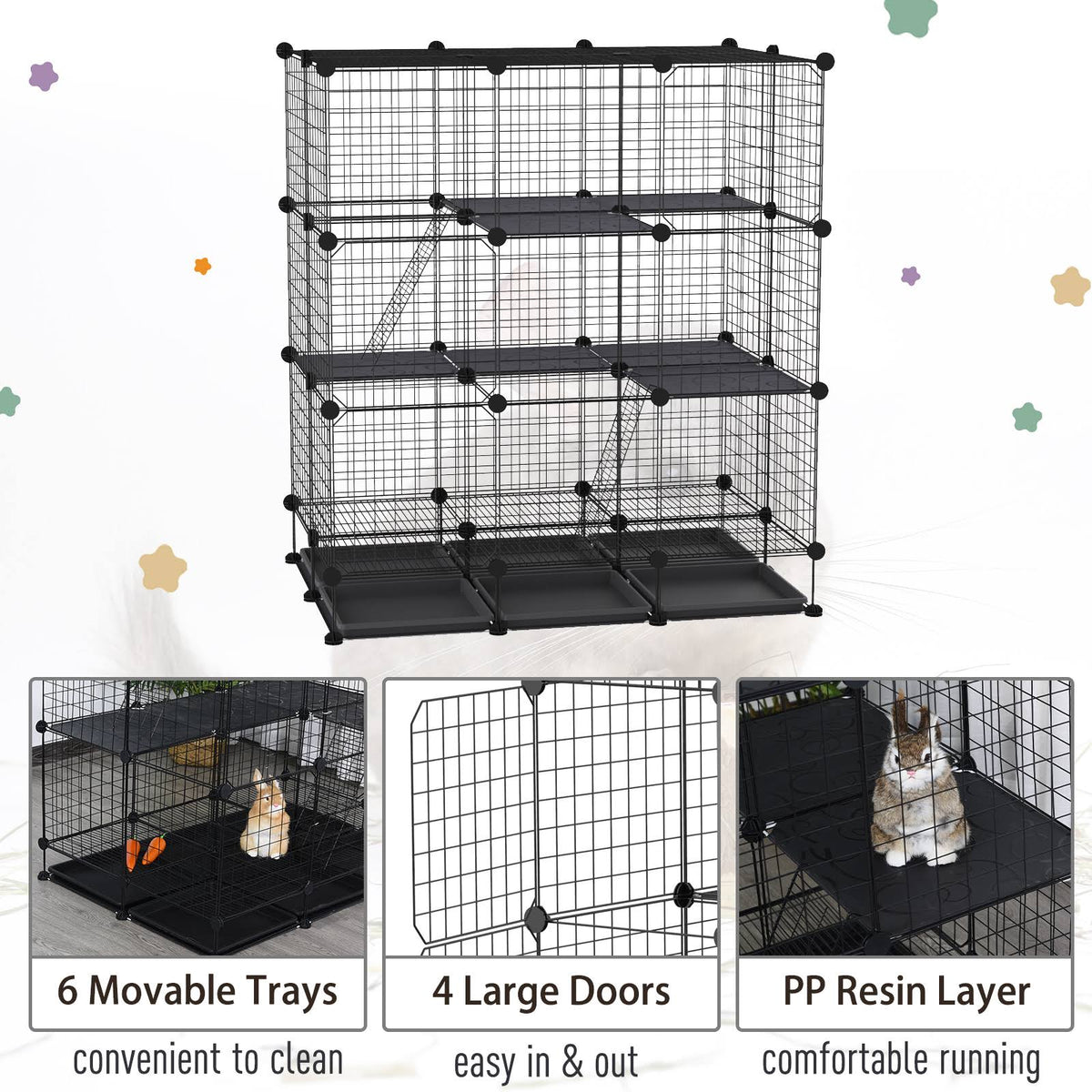 Black Steel Pet Playpen with Trays F69367