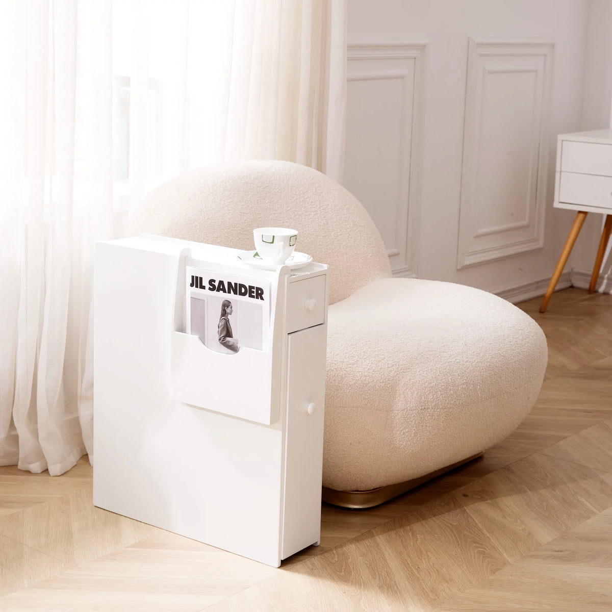 White Wood Slim Bathroom Storage Cabinet with Drawer E770542