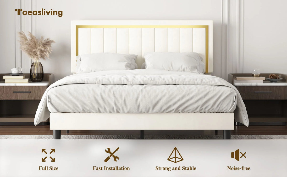 Upholstered Platform Bed Frame with Gold Trim Full Size Fabric Bed D63504