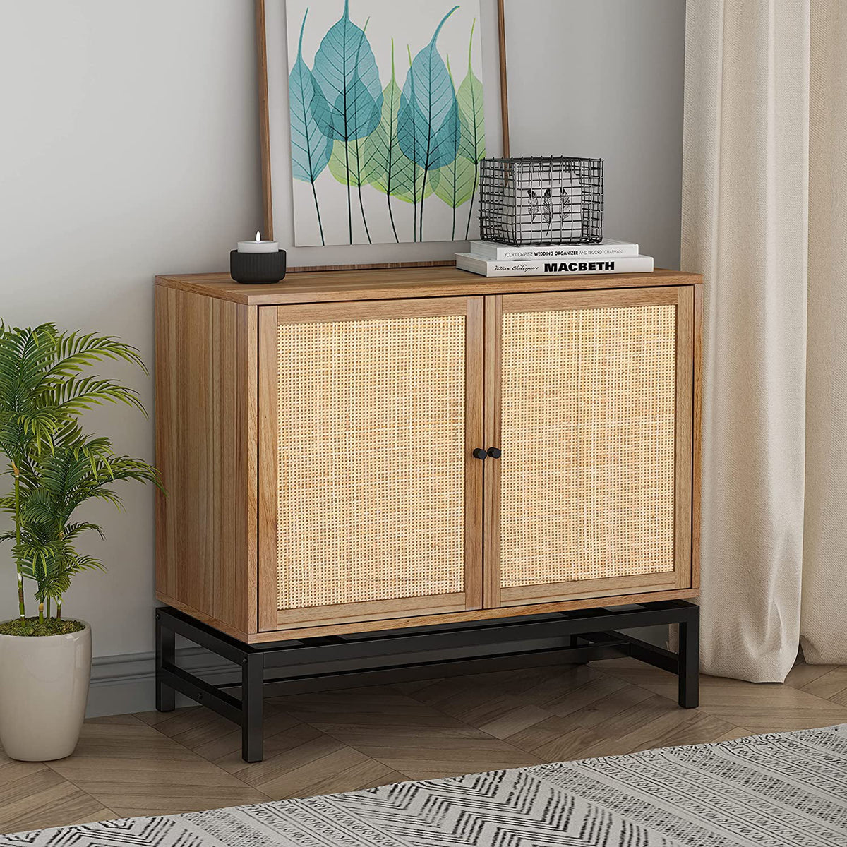 Beige Rattan Storage Cabinet with 2-Tier Shelf X128434