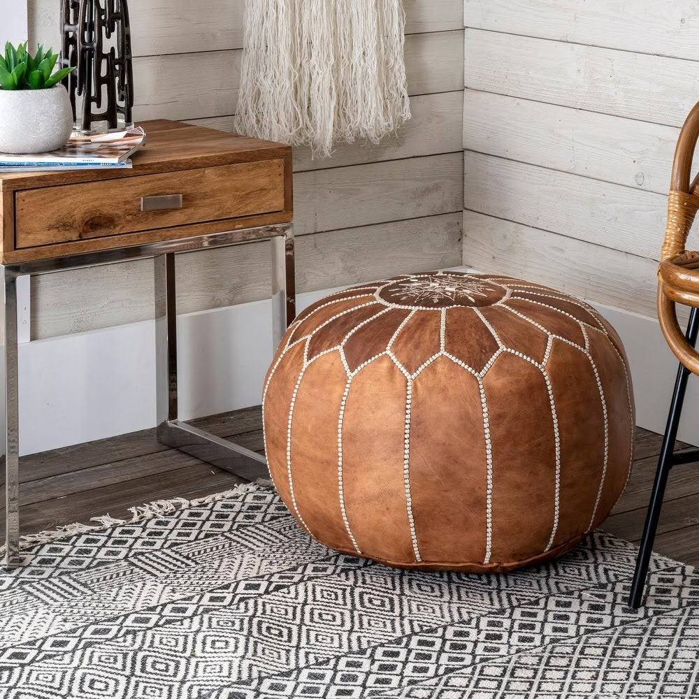Moroccan Leather Handmade Ottoman Pouf - Pink R222