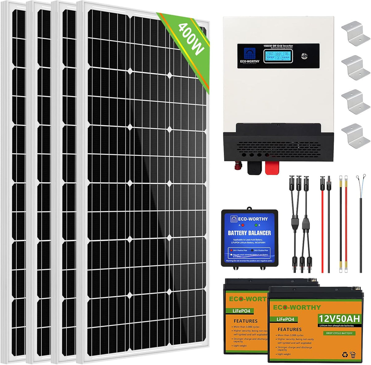 400W 24V Solar Panel Kit with 100W Panel, 50AH Lithium Battery and 1500W Inverter V5309