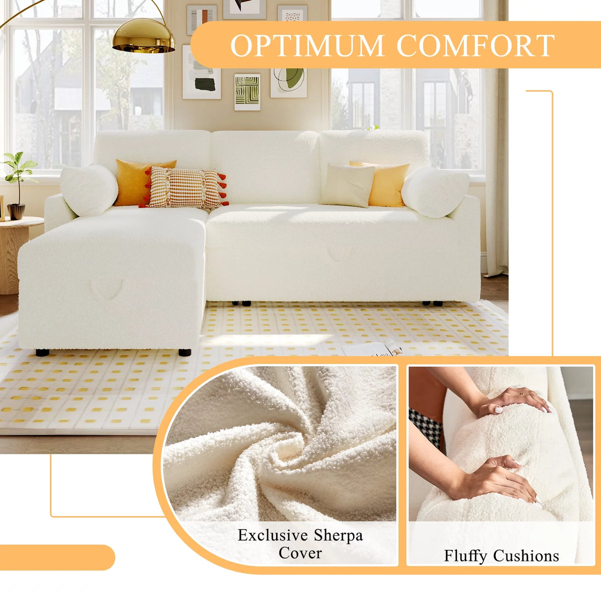 White Sherpa Sofa Bed with Storage Chaise K440488