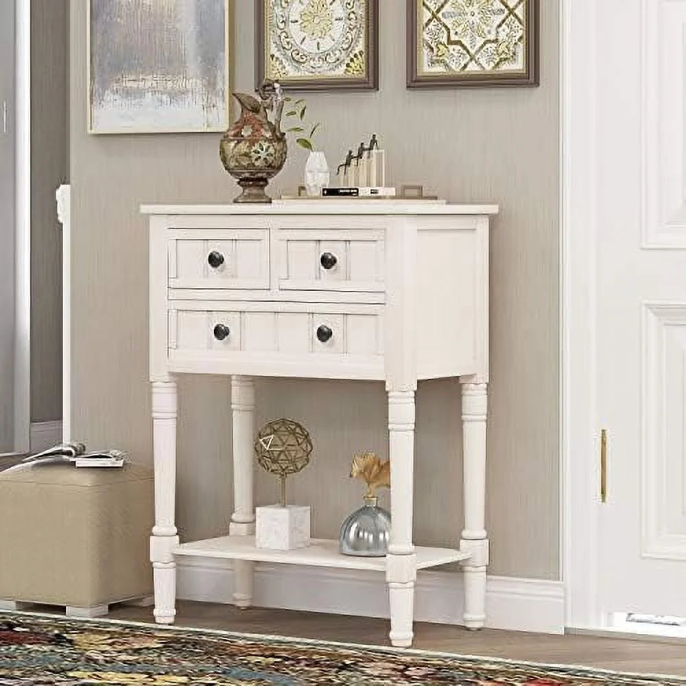 Narrow Console Sofa Table 3 Drawers Ivory White T75640