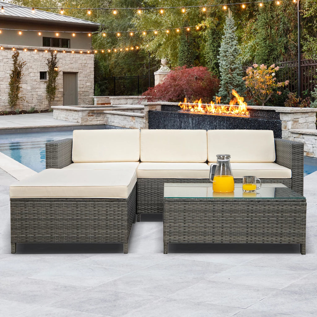 5 Piece Grey PE Rattan Wicker Patio Conversation Set with Glass Coffee Table and Ottomans P740899
