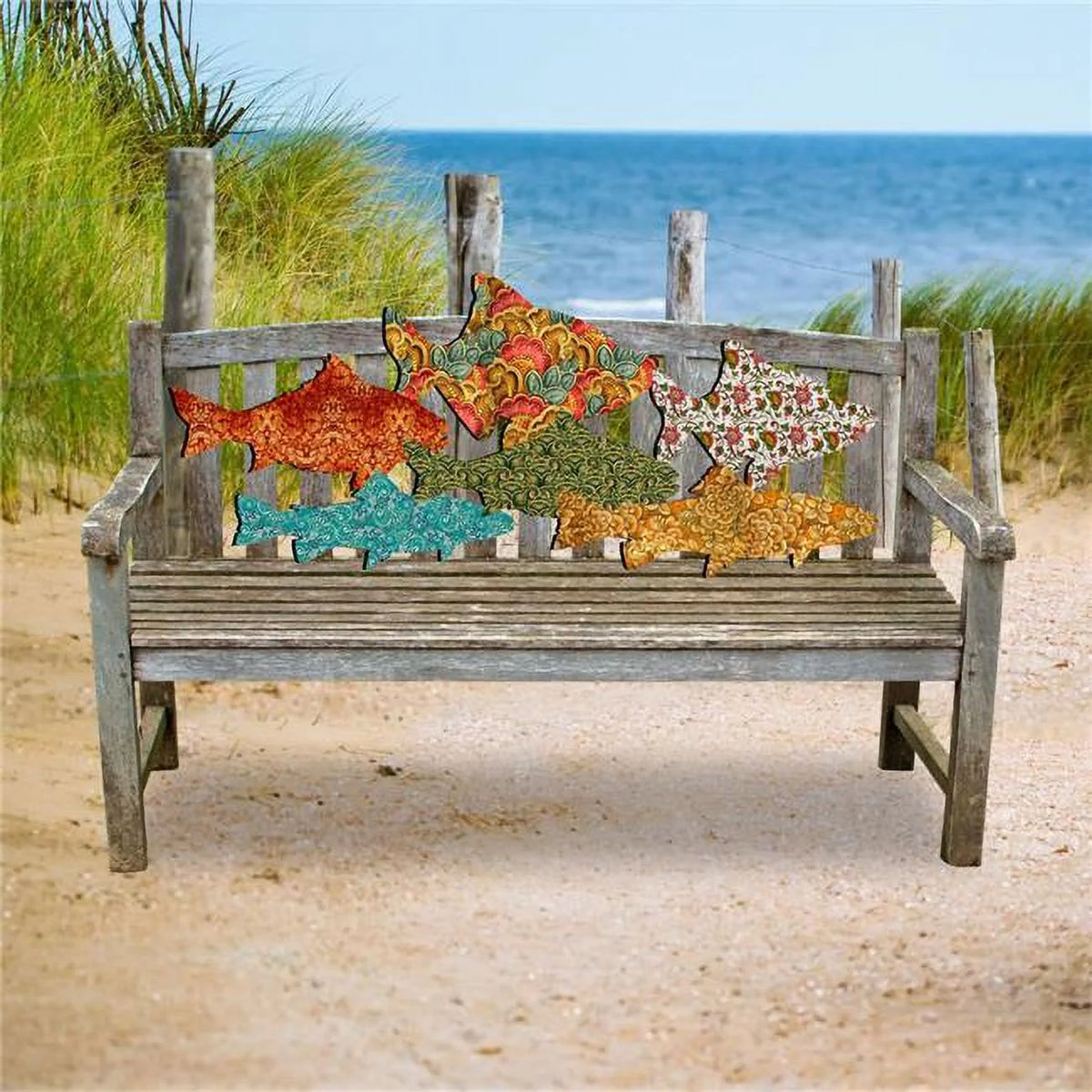 Quilted Coastal Fish Loveseat Rustic Bench P820