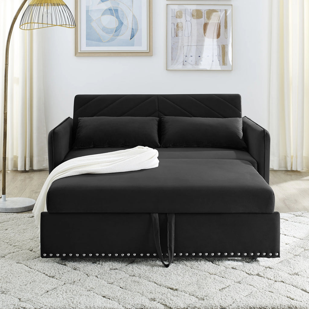 Black Velvet 3 in 1 Sleeper Sofa Couch Bed with 2 USB Ports C2249