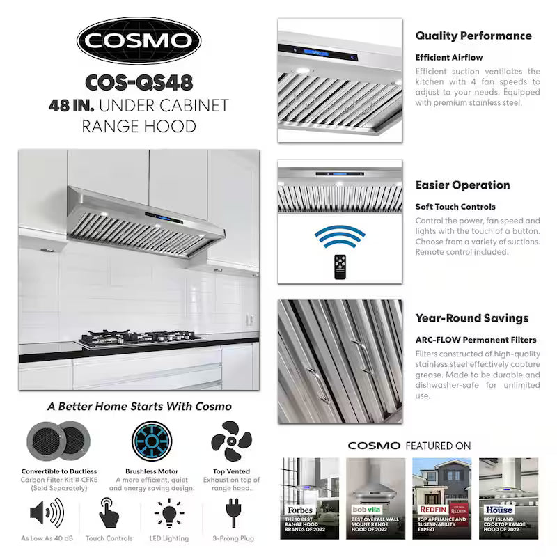 48 in. Ducted Under Cabinet Range Hood in Stainless Steel with Touchscreen Q244479