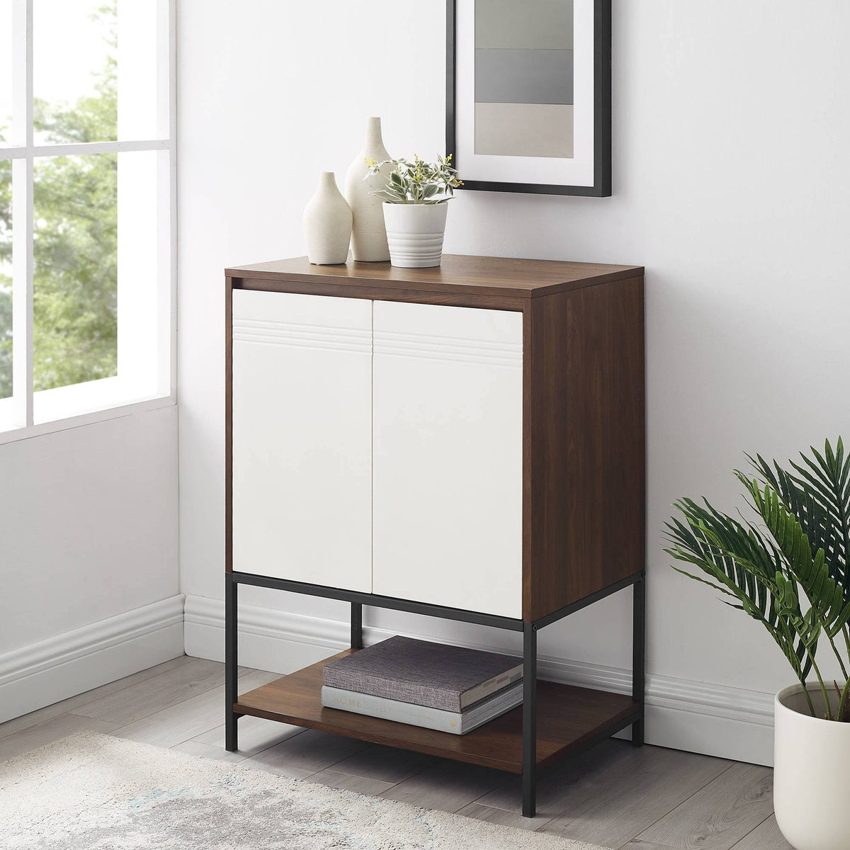 2 Door Accent Cabinet with Lower Shelf Dark Walnut Solid White O705783