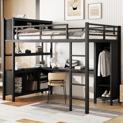 Full Size White Metal Loft Bed with Desk and Wardrobe D592