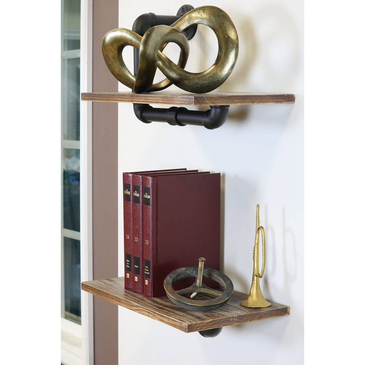 Weathered Wood and Black Pipe Wall Shelves Q359