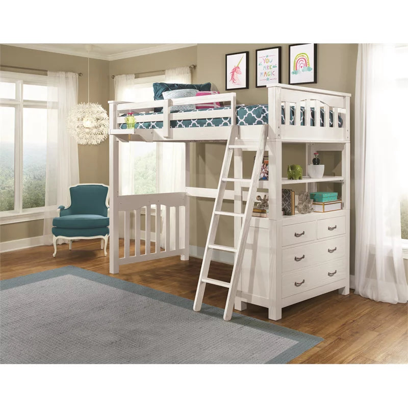 Twin Wooden Loft Bed with Dresser and Hanging Nightstand in White H572