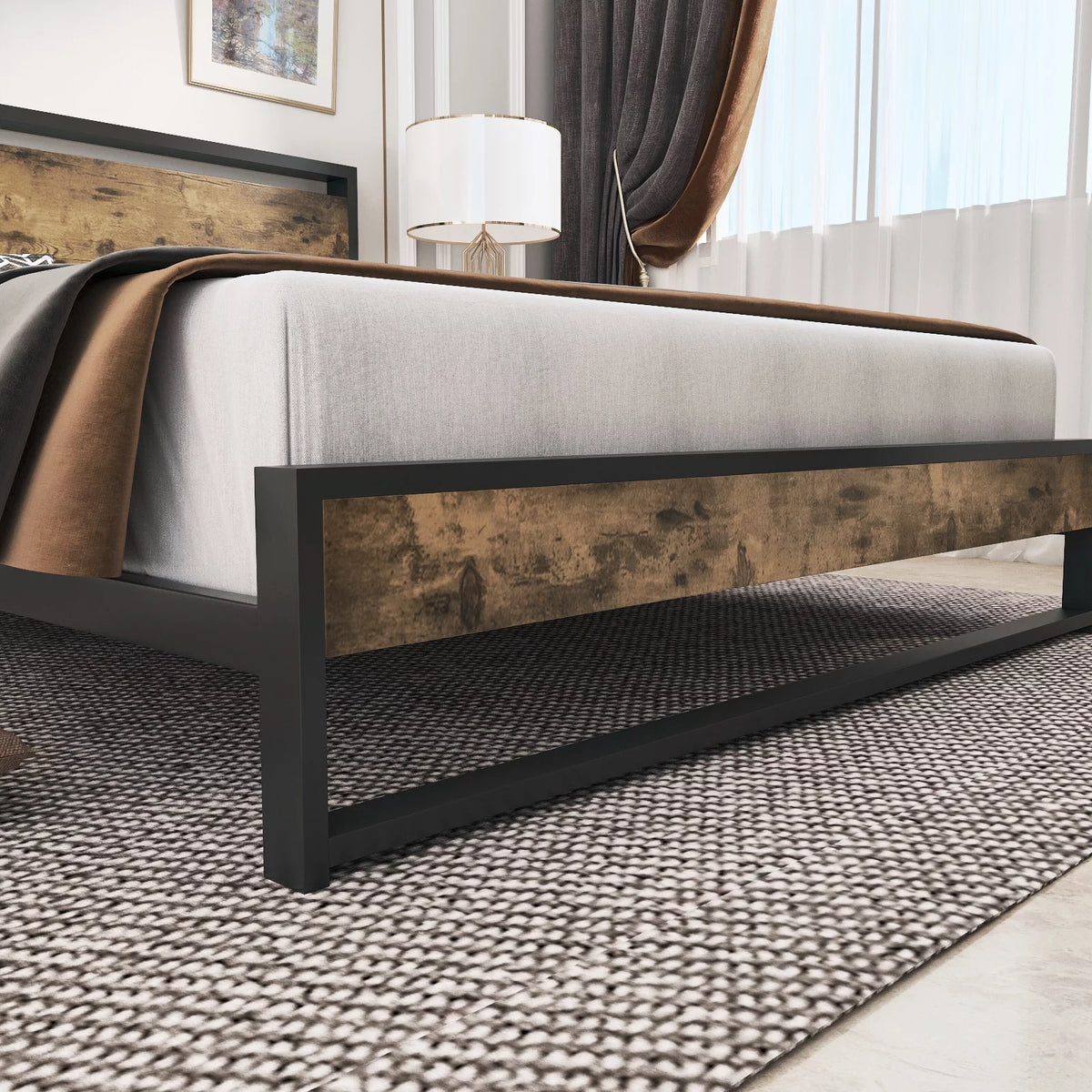 Queen Platform Bed Frame with Wooden Headboard and Steel Slats G171949