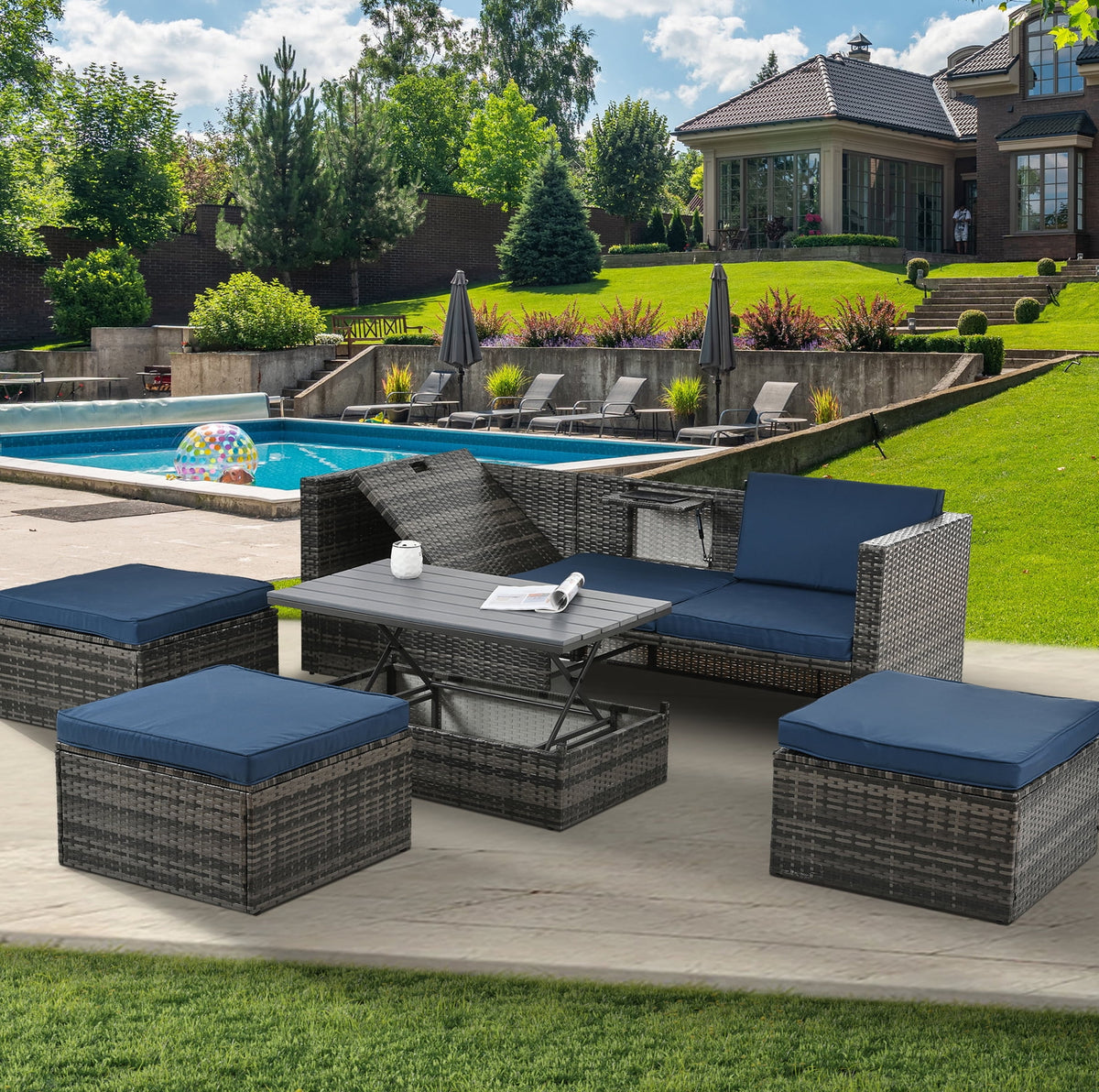 4 Piece Wicker Patio Furniture Set with 2 Ottomans & Coffee Table Y654