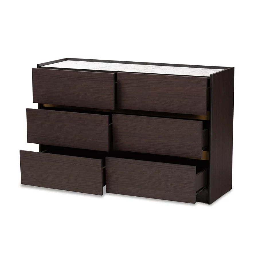 Dark Brown Gold Wood 6-Drawer Dresser with Faux Marble Top L123051
