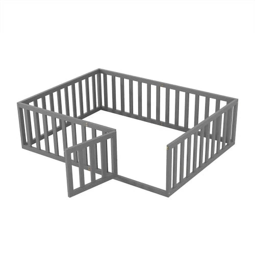 Full Size Wood Floor Bed with Fence Guardrails and Slats F707