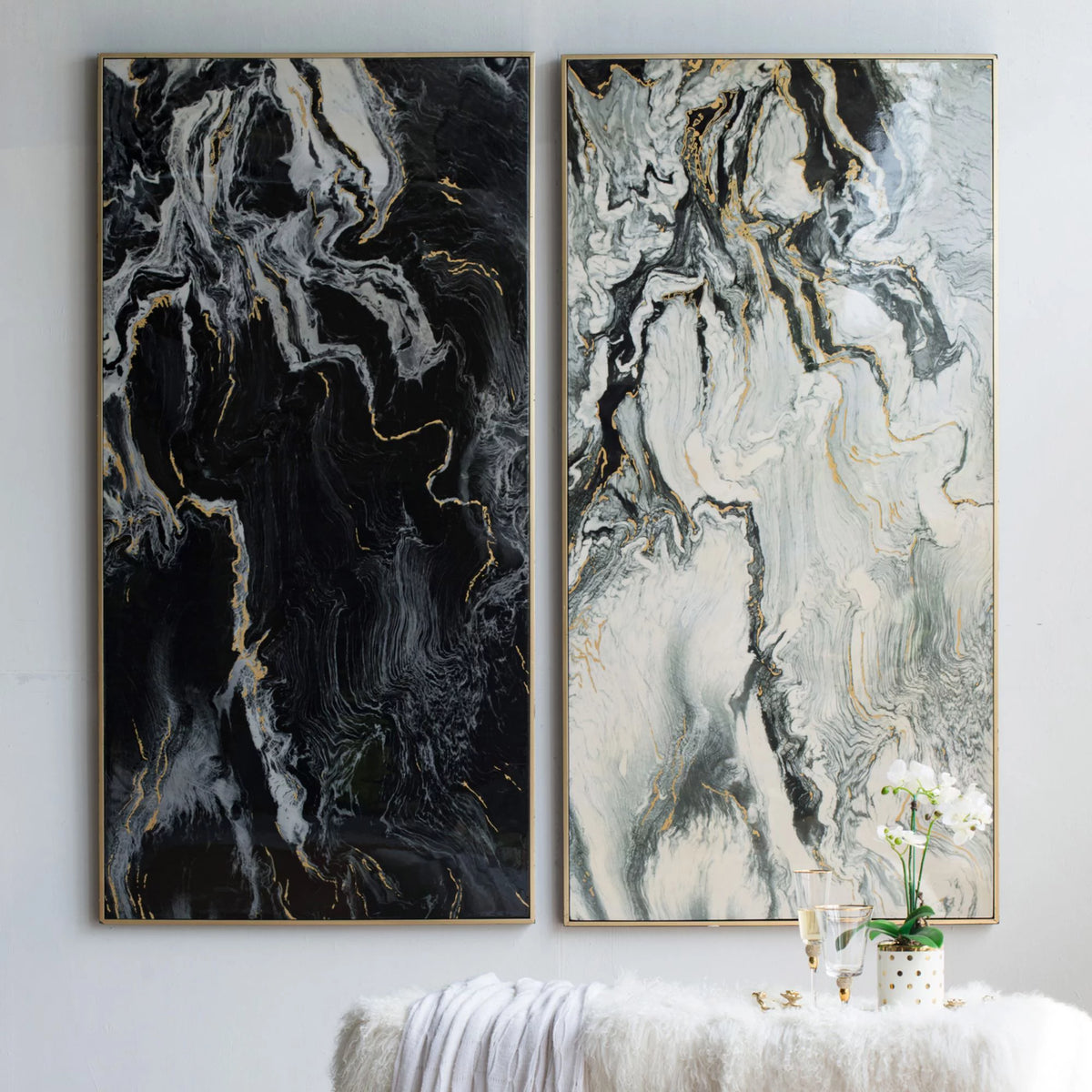 Black and White Marbled Print Wall Art with Gold Frame, Set of 2 I4514