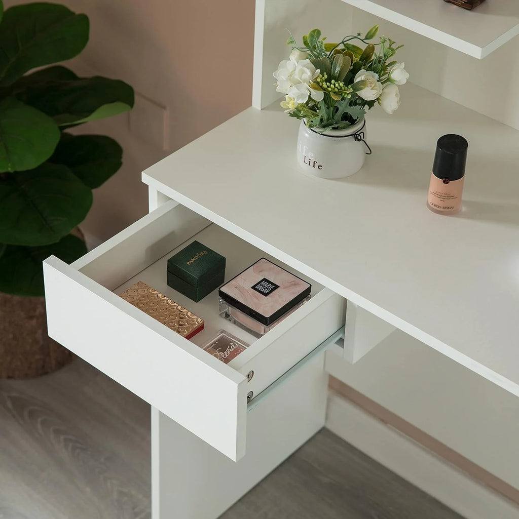 White Wooden Dressing Table with Drawer, Mirror and Shelves P935