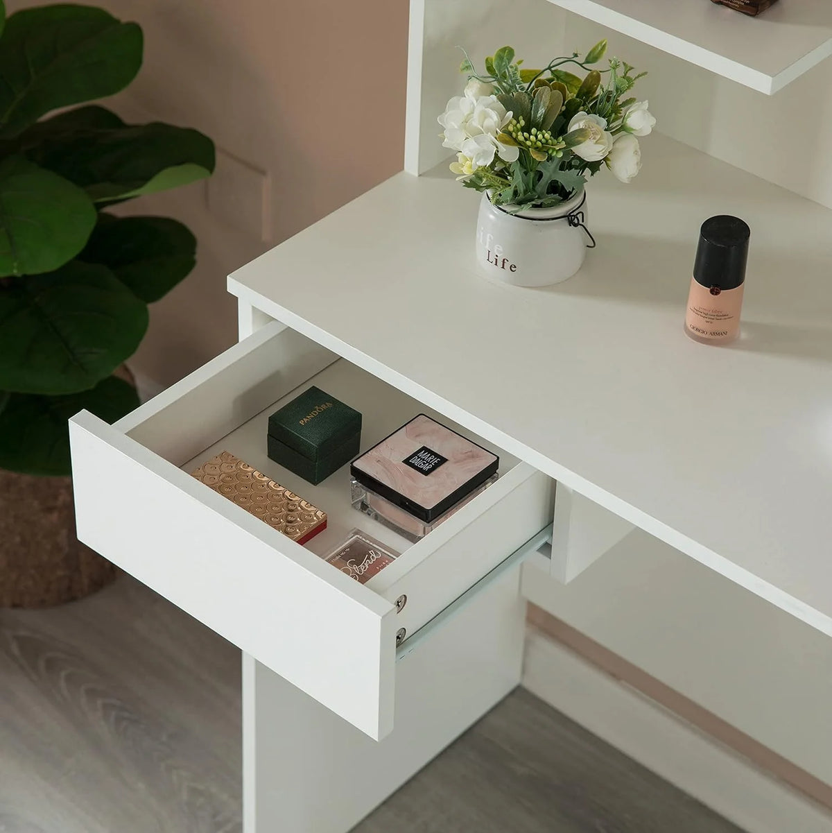 White Wooden Dressing Table with Drawer, Mirror and Shelves P935
