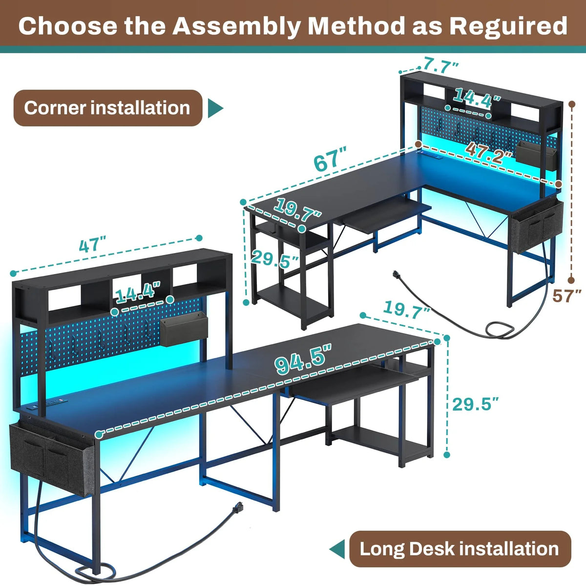 L Shaped Gaming Desk with Power Outlet and Led Light, Black W1814