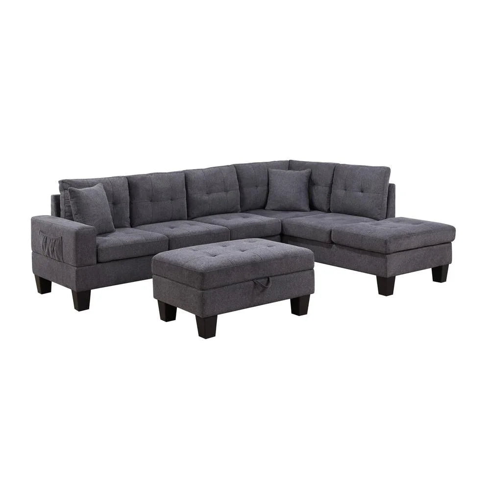 Dark Gray Woven Fabric Sectional with Charging Ports Cupholders E5686