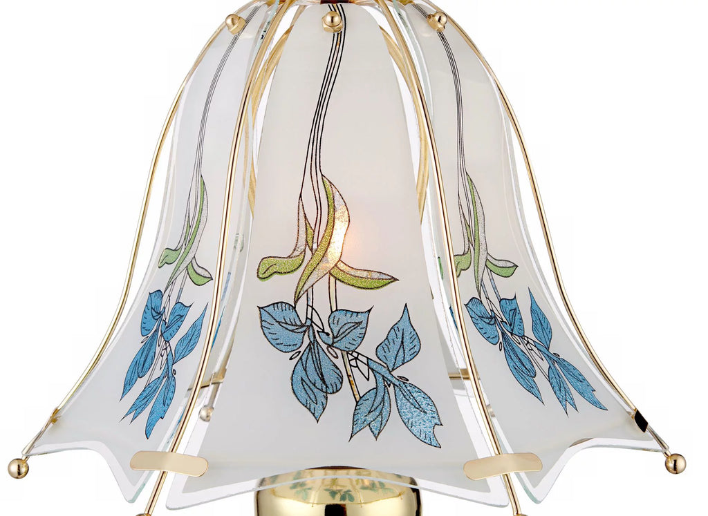 18" High Brass Accent Table Lamp Blue Floral Glass Shade E76368