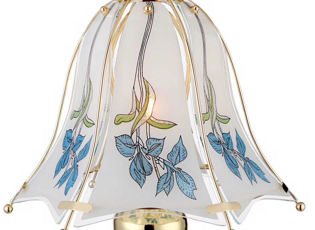 18" High Brass Accent Table Lamp Blue Floral Glass Shade E76368
