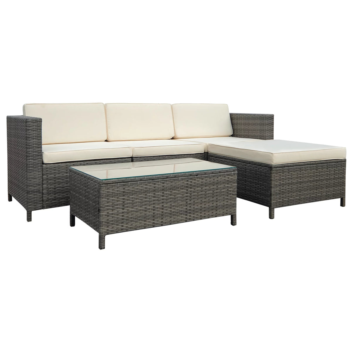 5 Piece Grey PE Rattan Wicker Patio Conversation Set with Glass Coffee Table and Ottomans P740899