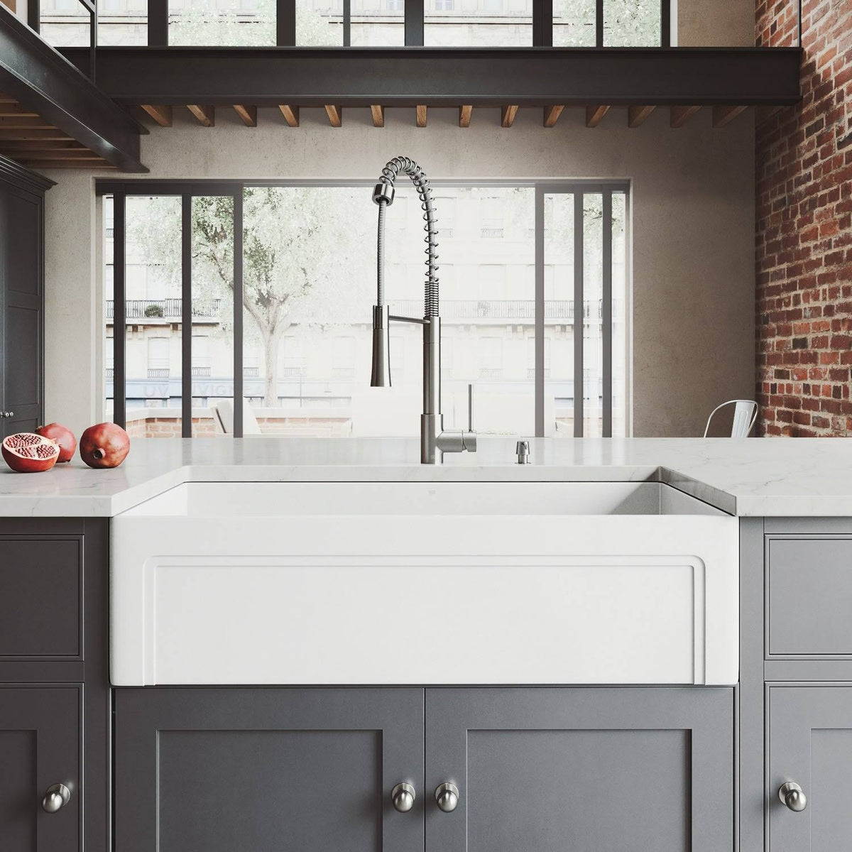 White Matte Stone Farmhouse Kitchen Sink with Grid N828