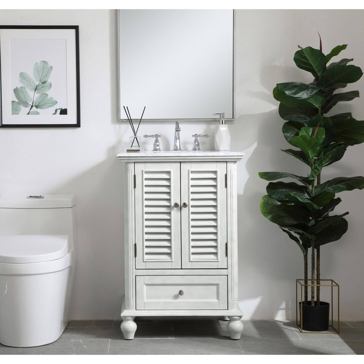 24 inch Antique White Bathroom Vanity Cabinet Set with Marble Top C935
