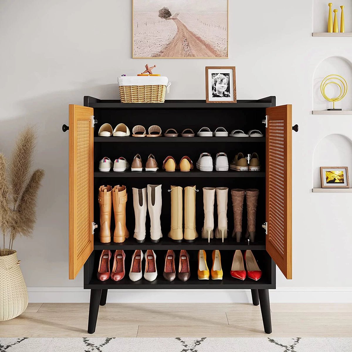 Black Orange 6 Tiers Rattan Shoe Cabinet with Doors Z62795
