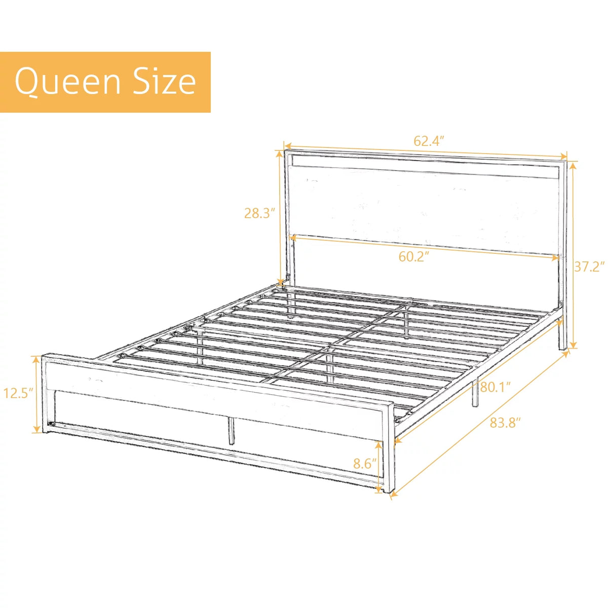 Queen Platform Bed Frame with Wooden Headboard and Steel Slats G171949