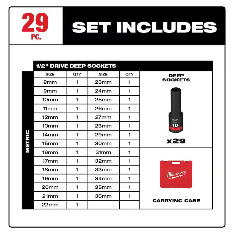 1/2 in. Drive Metric 6 Point Impact Socket Set 29-Piece P112183