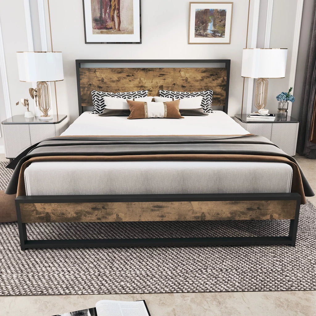 Queen Platform Bed Frame with Wooden Headboard and Steel Slats G171949