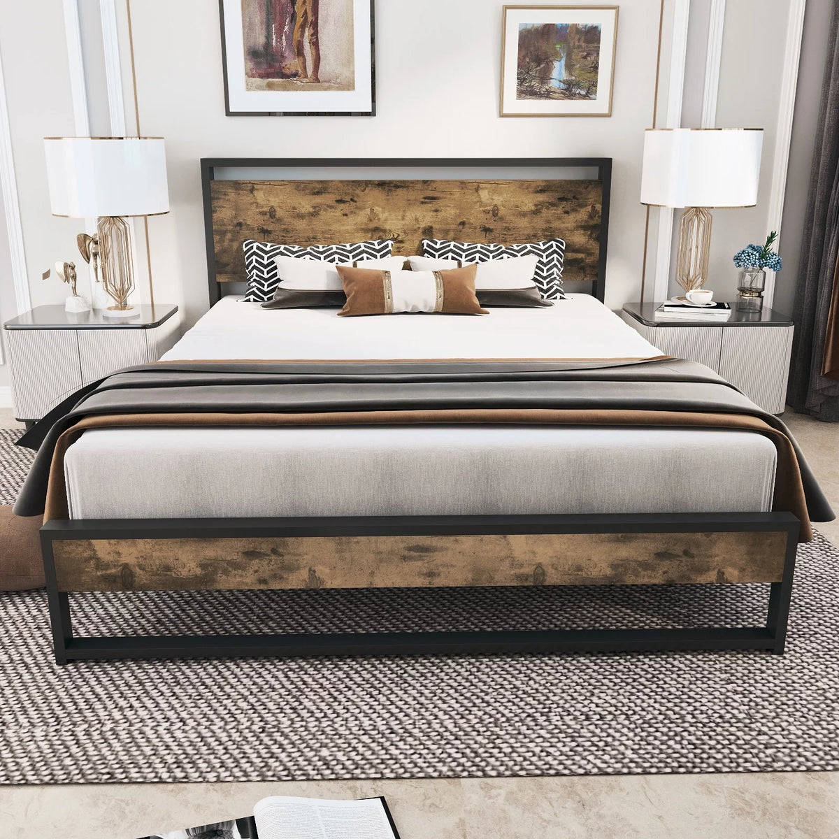 Queen Platform Bed Frame with Wooden Headboard and Steel Slats G171949