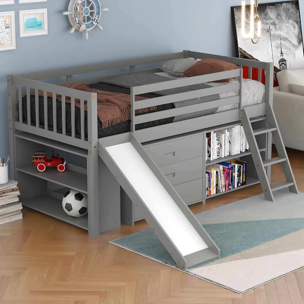 Twin Low Loft Bed with Desk and Cabinet Wooden Bed Frame Z150680