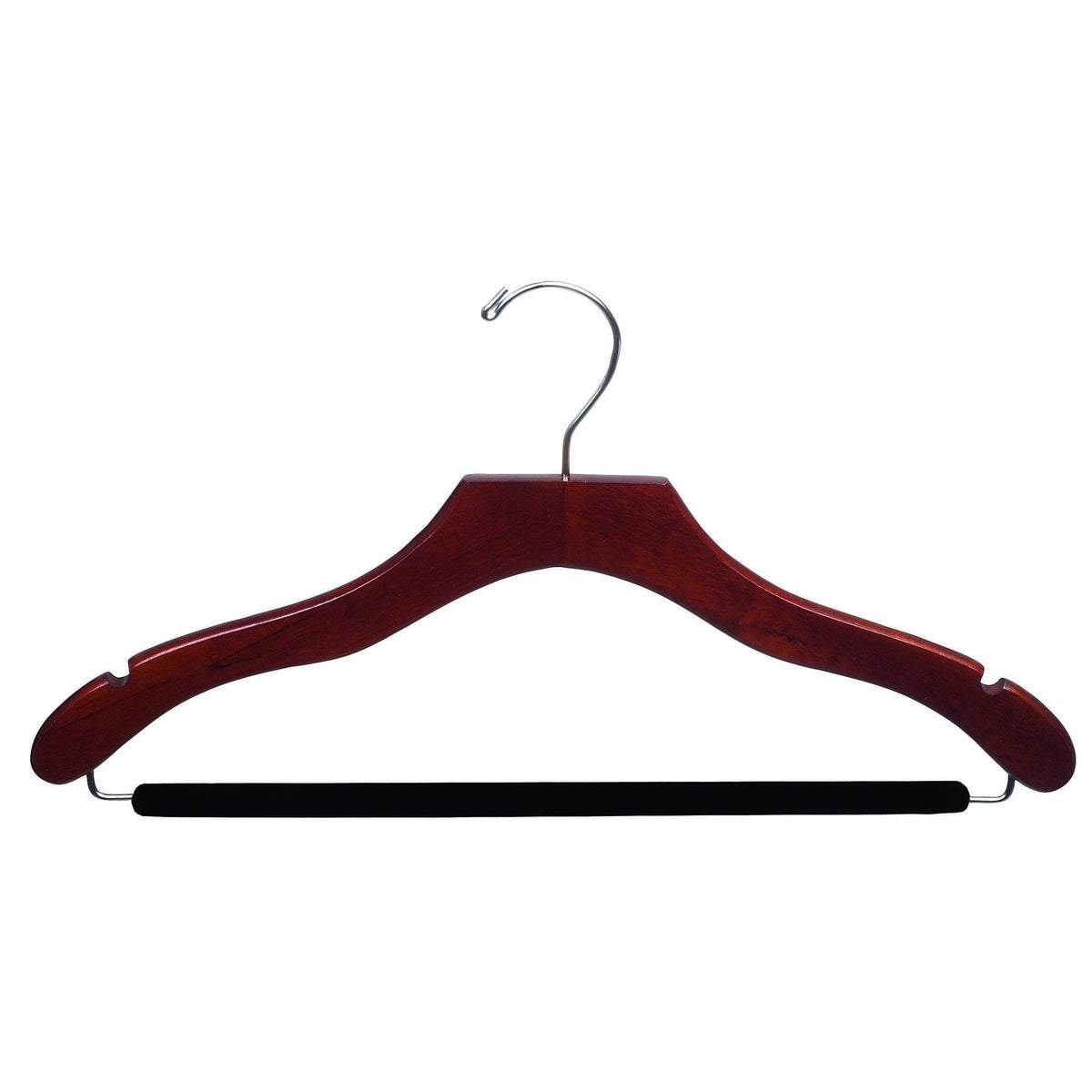 Walnut Suit Hanger with Black Velvet Non-Slip Bar and Notches, Case of 50 N3955