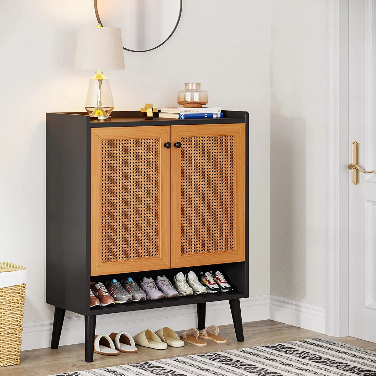 Black Orange 6 Tiers Rattan Shoe Cabinet with Doors Z62795