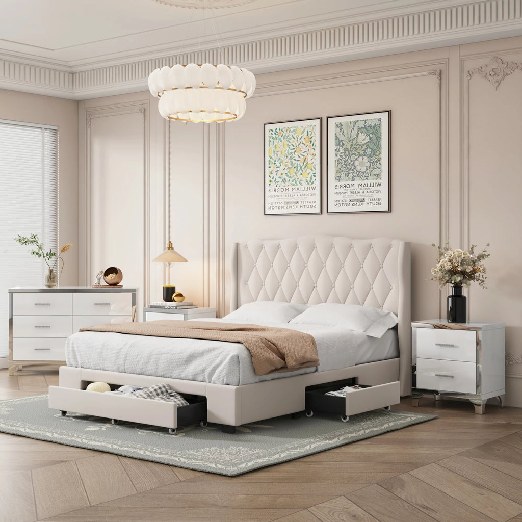 Queen Size Upholstered Bed with Three Drawers and Dresser V81824