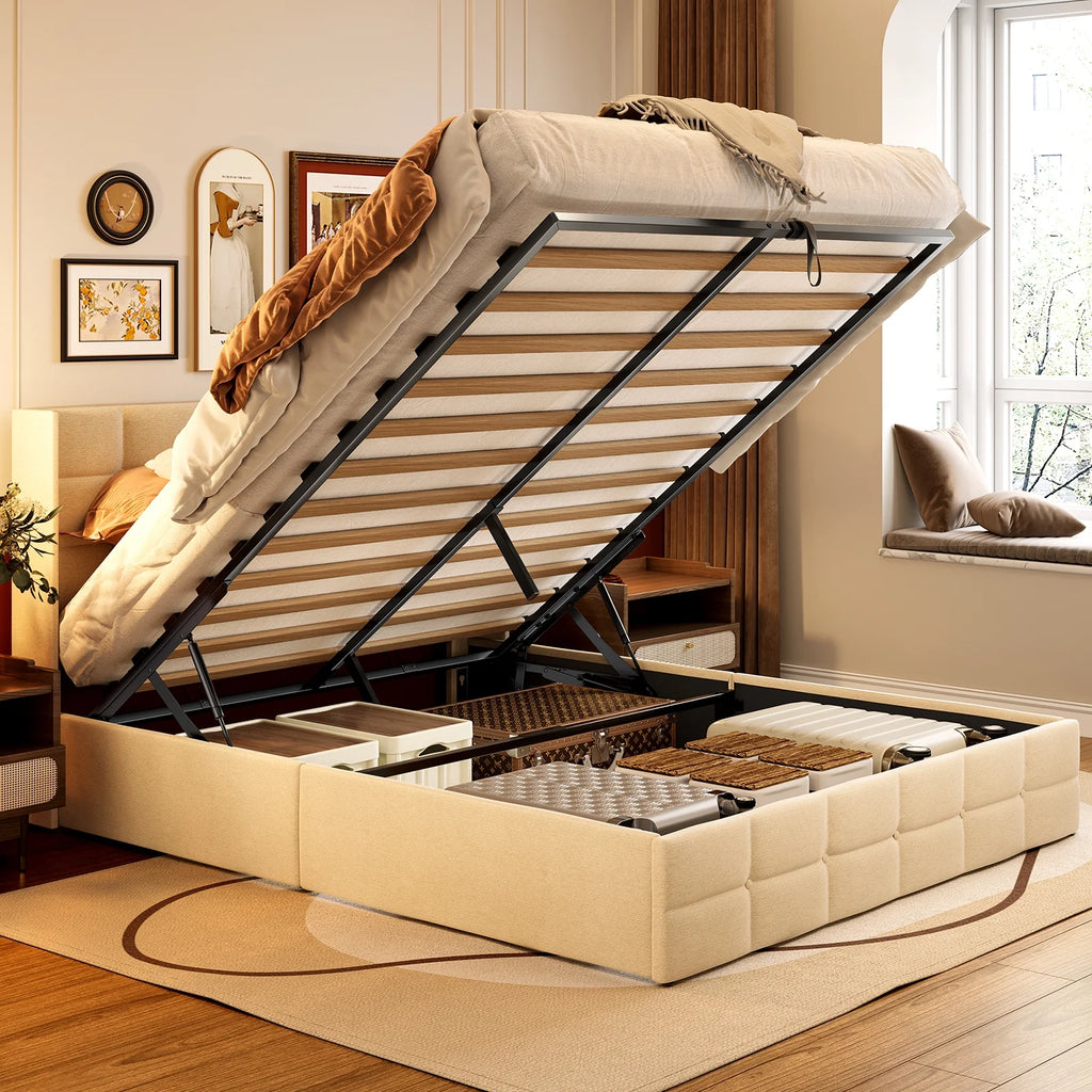 Beige Full Size Hydraulic Storage Bed Frame with Wingback Headboard W99507