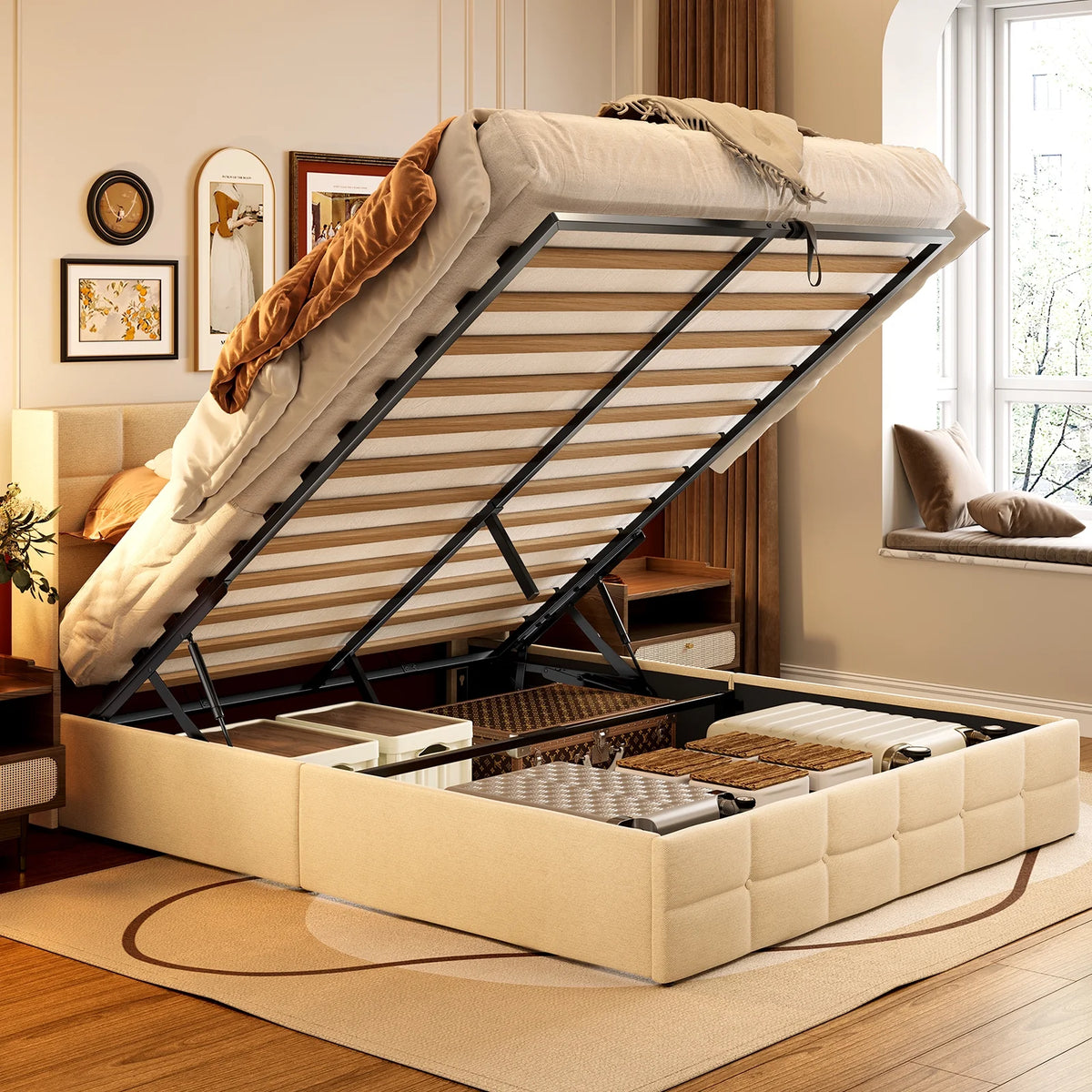Beige Full Size Hydraulic Storage Bed Frame with Wingback Headboard W99507